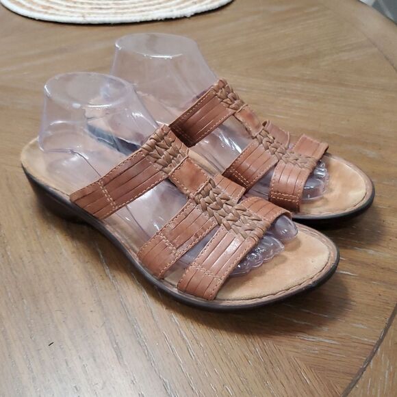 Clarks Bendables Brown Woven Wedge Leather Sandals Women's Size 9 Open Toe - Picture 1 of 8